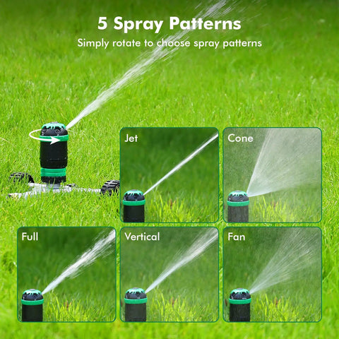 Gear Drive Sprinkler With Wheeled Base 5 Pattern Adjustable Lawn Sprinkler for Yard with spray pattern options on display