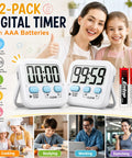 Top Shelf Two Pack Digital Timer With Built In Memory Dead Reliable For Kitchen Cooking Classroom Tasks And Quick Meal Prep Drop In And Play Design Comes Fully Loaded With Batteries Ready To Roll, shown with two timers and AAA batteries.
