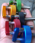 Hand holding Billet Aluminum Orange Hard Top Fastener For Ford Bronco, Quick Removal Thumb Screw with D Ring, multiple colors, M8 1.25 thread