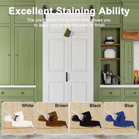 Paintable 40 By 84 Inch Bifold Barn Door With Six Panels No Assembly Required No Sweat Easy Glide Sliding Closet Doors With Hardware Kit Included And Track Kit For Two Doors Pre Drilled Holes In White in a kitchen setting