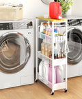 7.1 Inch Wide Slim Rolling Storage Cart On Wheels With Four Tiers, Narrow Metal Utility Cart next to washing machines in laundry room.