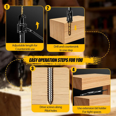 14 Piece Countersink Drill Bit Set With HSS Titanium Coated Bits For Woodworking shown in step-by-step use cases on wood