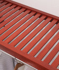 Top view of Rock Solid Hardwood Reach In Closet System showing slatted red mahogany shelf with smooth glide drawer below.