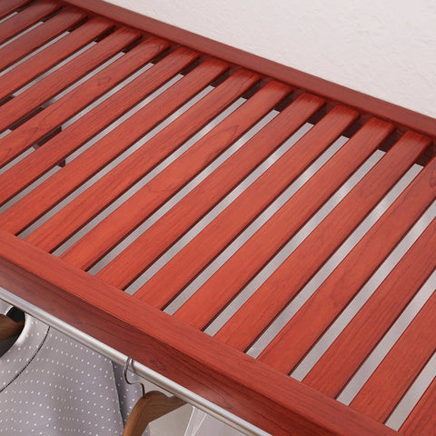 Top view of Rock Solid Hardwood Reach In Closet System showing slatted red mahogany shelf with smooth glide drawer below.