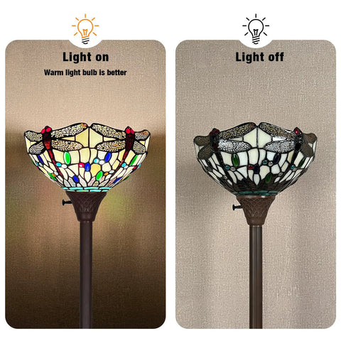 Dragonfly Tiffany Style Stained Glass Floor Lamp Torchiere Cream Rustic Look Tall Standing Light 70 Inches With 12 Inch Shade And Heavy Base Perfect For Dope Living Room Home Office Or Bedroom Decor, lit and unlit lampshade comparison.