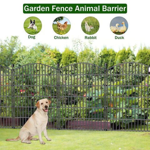 Ten Panel No Dig Garden Fence Set, 40 Inch Tall, 23.6 Feet Long, Rustproof Metal Dog Fence For Yard Patio And Flower Beds shown with dog