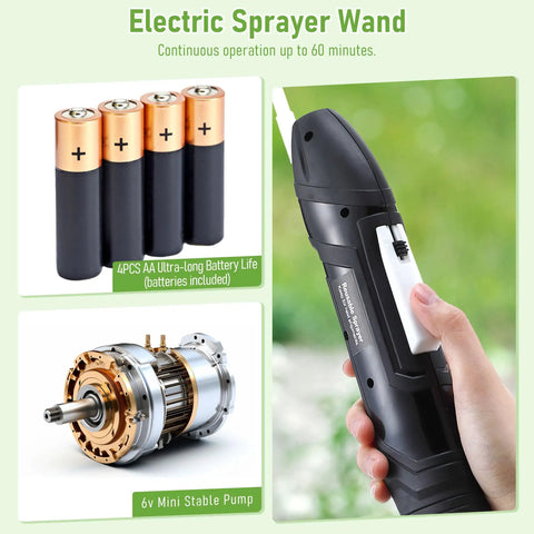 Battery Powered Sprayer Wand With Holster, Foldable Nozzle, Fits 38mm Cap 1 Gallon Jugs, shown with batteries and mini pump