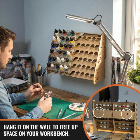 Clutch Wall Paint Rack Organizer For Miniatures And Modeling, Vertical Hobby Paint Stand With 26mm Dropper Slots Plus Top Brush And Tool Holder, Straight Up Game Changer For Vallejo Army Painter Bottle Display
