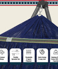 Adjustable Hammock With Sturdy Collapsible Stand For Camping And Outdoor Use 550 Lb Capacity Double Hammock With Foldable Noiseless Frame Includes Carry Bag Easy Setup Weather Resistant Material Aegean with close-up of blue fabric and spreader bar