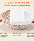 All In One Sourdough Starter Kit With 9 Inch Round And 11 Inch Oval Banneton Proofing Baskets Nonstick Liners Covers Whisk Dough Scraper Lame Temperature Probe And 39 Piece Bake Tool Set For Home Bakers showing cotton rope basket with liner and cover detail.