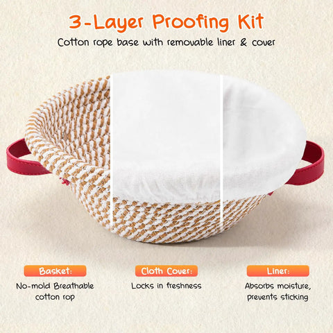 All In One Sourdough Starter Kit With 9 Inch Round And 11 Inch Oval Banneton Proofing Baskets Nonstick Liners Covers Whisk Dough Scraper Lame Temperature Probe And 39 Piece Bake Tool Set For Home Bakers showing cotton rope basket with liner and cover detail.