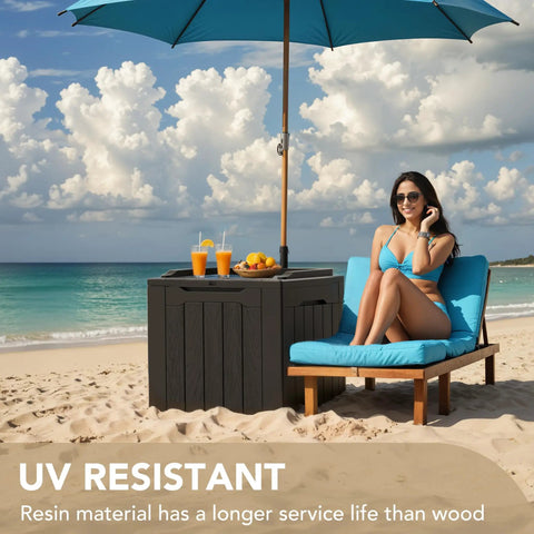 30 Gallon Resin Deck Box Waterproof Outdoor Storage Box in beach setting, showcasing durability and UV resistance with a woman seated