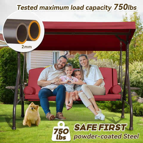 Family seated on 3 In 1 Outdoor Porch Swing With Adjustable Canopy For Adults, Cozy 3 Seat Patio Swing With Thick Cushions, Wine Red