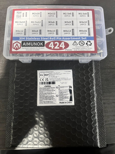 Stainless Steel Roll Pin Kit With 424 Pieces For Machinery, Automotive And DIY Repairs, Includes Spring Dowels, Slotted And Split Pins From M1.5 To M6, 14 Types, Made Of Durable 304 Stainless Steel For Corrosion Resistant Fasteners, in plastic case with labels visible.