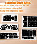 Mercedes Benz Dash Button Repair Kit With Stickers And Decals to Restore Faded Interior Buttons, complete set on wooden surface.