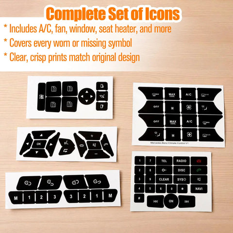 Mercedes Benz Dash Button Repair Kit With Stickers And Decals to Restore Faded Interior Buttons, complete set on wooden surface.
