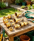 Heavy Duty Garden Hose Repair Kit With 3/4 Inch Brass Male Female Connectors And Stainless Clamps For Quick, Leak Proof Fixes On 1/2 Inch Barb Hoses The Ultimate Fix So You Can Get Your Water Flowing Again Today. Brass hose repair parts on a garden workbench