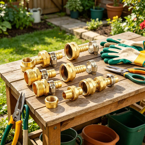 Heavy Duty Garden Hose Repair Kit With 3/4 Inch Brass Male Female Connectors And Stainless Clamps For Quick, Leak Proof Fixes On 1/2 Inch Barb Hoses The Ultimate Fix So You Can Get Your Water Flowing Again Today. Brass hose repair parts on a garden workbench
