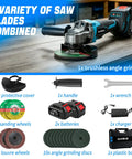 Cordless Four And A Half Inch Brushless Angle Grinder With Dual 4Ah Batteries And Charger, Nine Thousand RPM, Accessories
