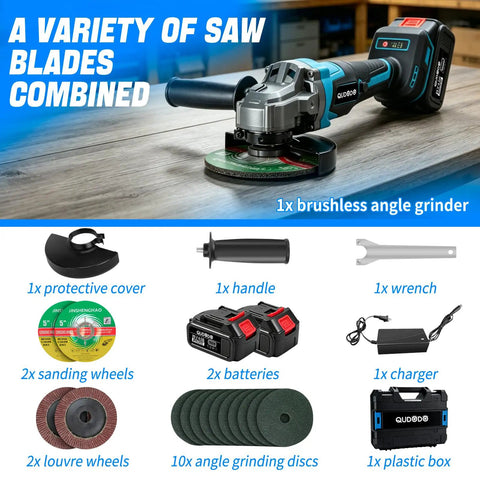 Cordless Four And A Half Inch Brushless Angle Grinder With Dual 4Ah Batteries And Charger, Nine Thousand RPM, Accessories