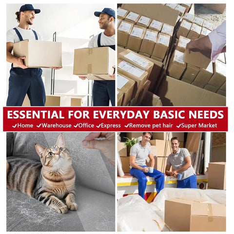 Workers carrying boxes with 2.7 Mil Thick Ultra Clear Packing Tape, Heavy Duty Moving And Shipping Tape, in warehouse setting.