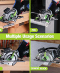 WORKPRO 20V cordless mini circular saw with 4-1/2in blade and laser guide, cutting wood, PVC, tile, and cement block.