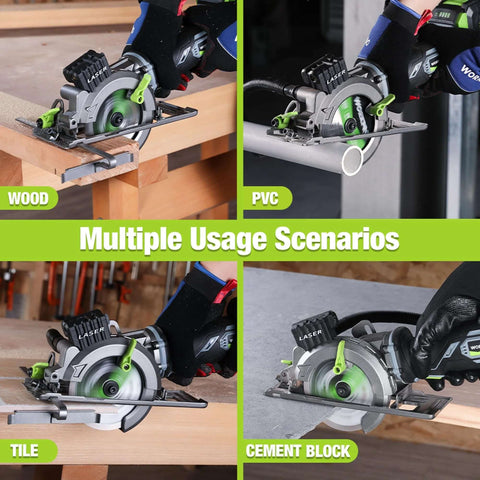 WORKPRO 20V cordless mini circular saw with 4-1/2in blade and laser guide, cutting wood, PVC, tile, and cement block.