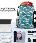 Drawstring Gym And Beach Backpack With Mesh Pockets, Water Resistant And Sandproof, Blue Waves, shown with various packed items