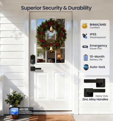 Top Shelf Fingerprint Smart Lock With Heavy Duty Lever Handles Set In Matte Black, showing a door with wreath, and zinc alloy handles.