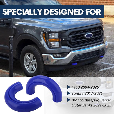 Front Tow Hook Cover Set For Ford F150 2004 To 2025, Toyota Tundra 2017 To 2021, Bronco Base Big Bend Outer Banks 2021 To 2025 in blue, shown installed