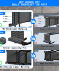 Comparison chart of heavy duty garage tool organizer wall mount rack features against competitors, highlighting no bending, antislip pin, reinforced welding.