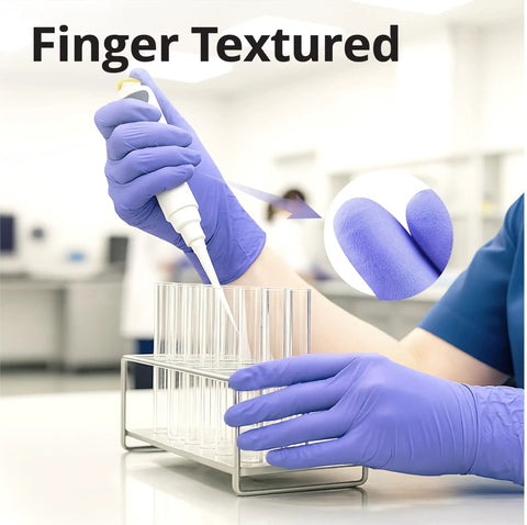 Premium Violet Nitrile Exam Gloves 3 Mil Medium 100 Pack Box Latex Free Powder Free Food Safe worn while pipetting in a lab.