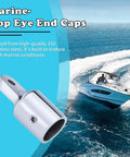 Marine Grade 316 Stainless Steel Eye End Caps For Seven Eighths Inch Tubes, heavy-duty fitting and boat in background.