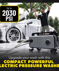 PM2000 Pro Electric Pressure Washer Delivers 2030 PSI And 1.77 GPM in use cleaning car with compact design and durable build