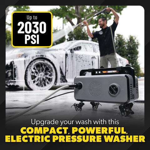 PM2000 Pro Electric Pressure Washer Delivers 2030 PSI And 1.77 GPM in use cleaning car with compact design and durable build