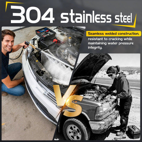 Foinwer 24-inch stainless steel radiator cleaning wand set, front view, in use on a car radiator.