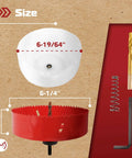 MonoPro bi-metal hole saw for lights, front view 6-1/4 in dia, red body with dust bowl; includes 11/32 in hex shank bit.
