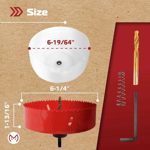 MonoPro bi-metal hole saw for lights, front view 6-1/4 in dia, red body with dust bowl; includes 11/32 in hex shank bit.