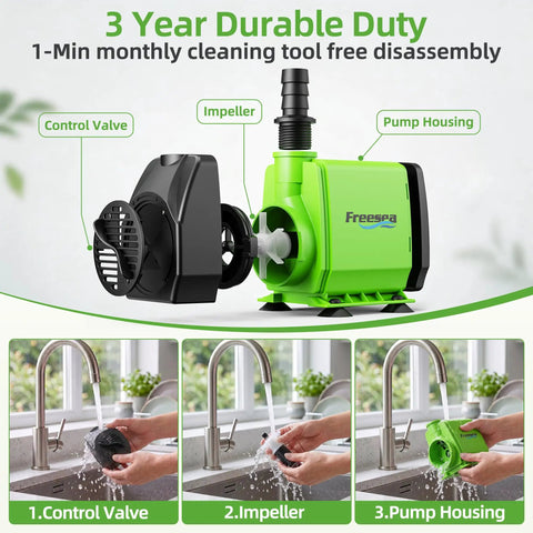 Submersible Fountain Pump 800GPH 45W Ultra Quiet Aquarium System With Three Nozzles 10 Ft Lift Awesome For Small Ponds shown disassembled