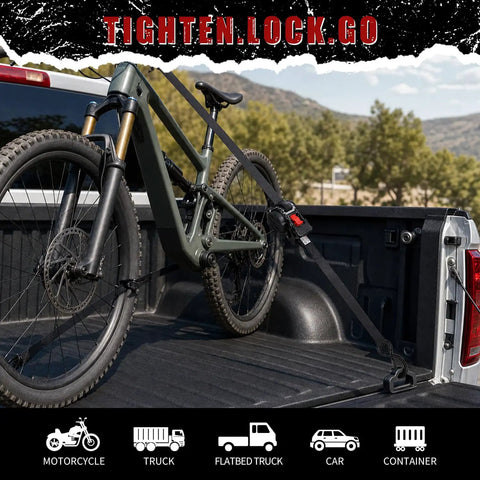4 Pack Auto-Retractable Ratchet Tie Downs 1 Inch by 12 Foot Cargo Straps securing a bicycle in a truck bed.