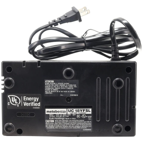 Back view of 14.4-18V Battery Charger OEM Replacement For Cordless BSL1850 And BSL1860 Tools, showing labels and cord