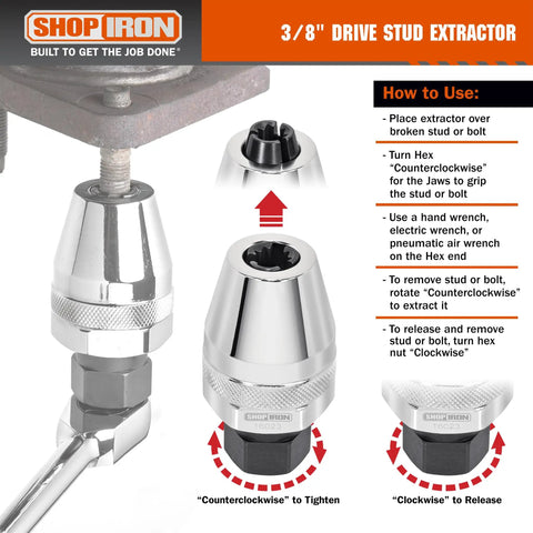 Three Eighths Inch Drive Damaged Bolt And Stud Extractor For Impact Wrenches, pro grade, showing three-jaw design in use