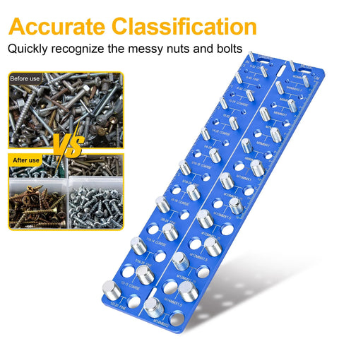 30-in-1 nut and bolt thread gauge tool, blue metal, SAE and metric sizes, wall-mountable