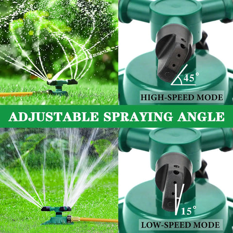 Rotating Yard Sprinkler For Lawn And Garden showing wide coverage water sprinkler with dual modes for fast or slow spin.