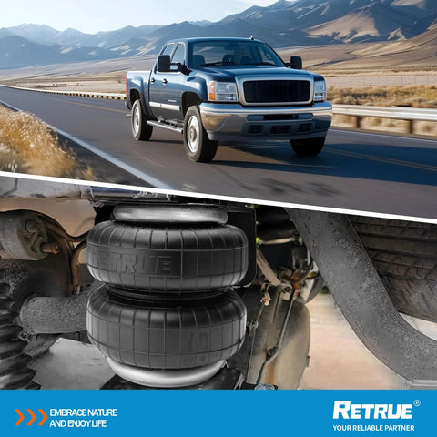 RETRUE rear air bag suspension kit for Toyota Tacoma; two black air springs under the rear axle.