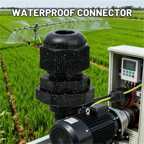 Close-up of IP68 Waterproof Cable Glands Kit 100Pcs Nylon Entry Adjustable Wire Connectors Assortment in agricultural setting