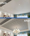 Before and after view installing Decorative Drop Ceiling Tiles 2x2 White Glue Up Panels Pack of 12 for T Bar Grids.
