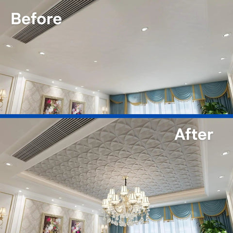 Before and after view installing Decorative Drop Ceiling Tiles 2x2 White Glue Up Panels Pack of 12 for T Bar Grids.