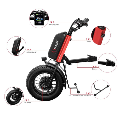 A8 Electric Handcycle Wheelchair Power Attachment Upgrade Kit For Manual To Electric Wheelchairs, 48V 1000W, red frame