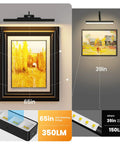No Fuss Rechargeable Picture Light With Smooth Dimming And High CRI 95 Rating casting even glow on framed art, 65in range, sleek black design.